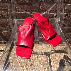 Zara Square-toed Leather Slip-on Sandal Heels in Red size 6.5